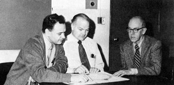 Miguel Awschalom, Radiation Physics, Donald E. Young, who directed development of 
NAL's Linac, and Professor Lester Skaggs, of the University of Chicago, 
discuss cancer therapy unit proposal during recent meeting at NAL